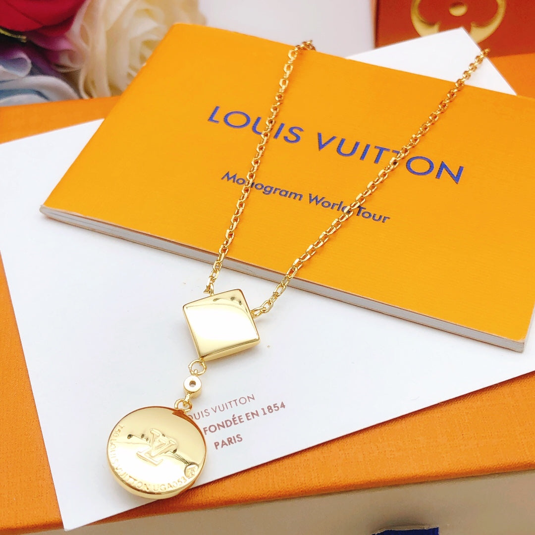 Geometric Emblem Pendant Necklace in Gold-Tone – Design 016 styled product view