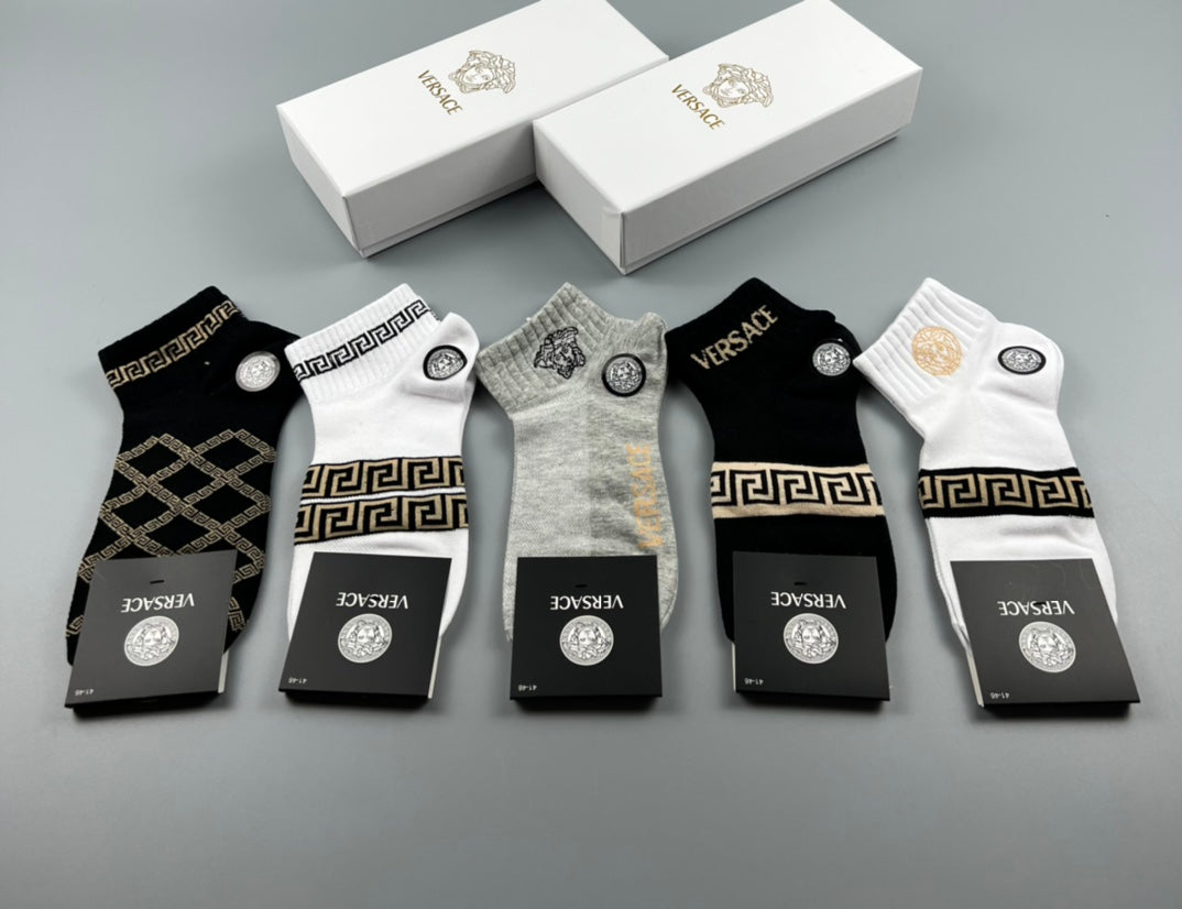 Versace Greek-Key And Medallion Details Ankle Socks - 5-Pair Set