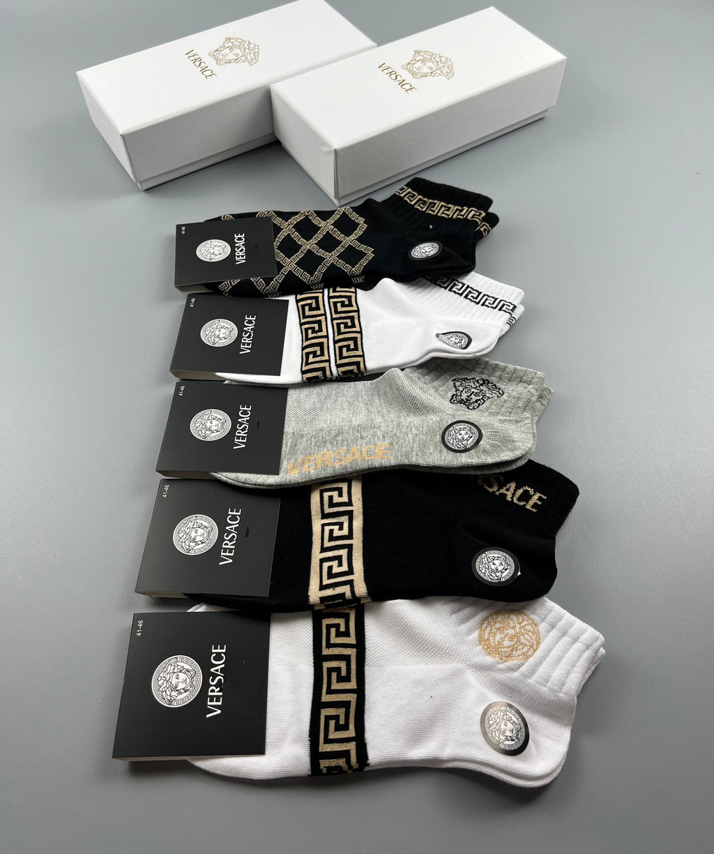 Versace Greek-Key And Medallion Details Ankle Socks - 5-Pair Set