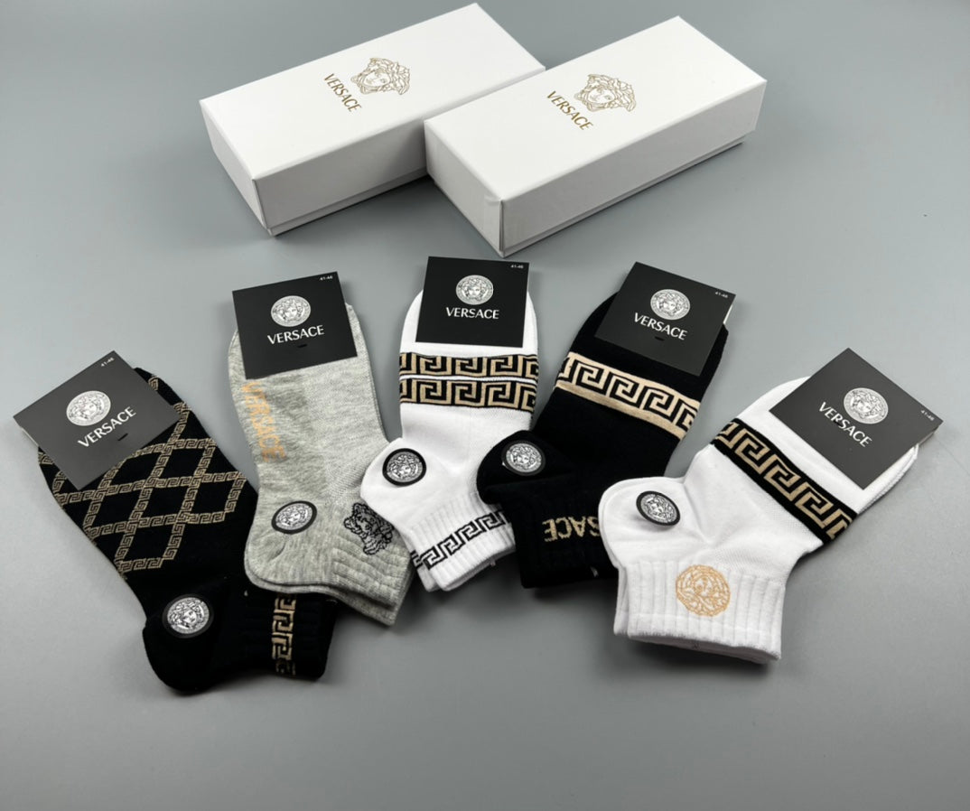 Versace Greek-Key And Medallion Details Ankle Socks - 5-Pair Set