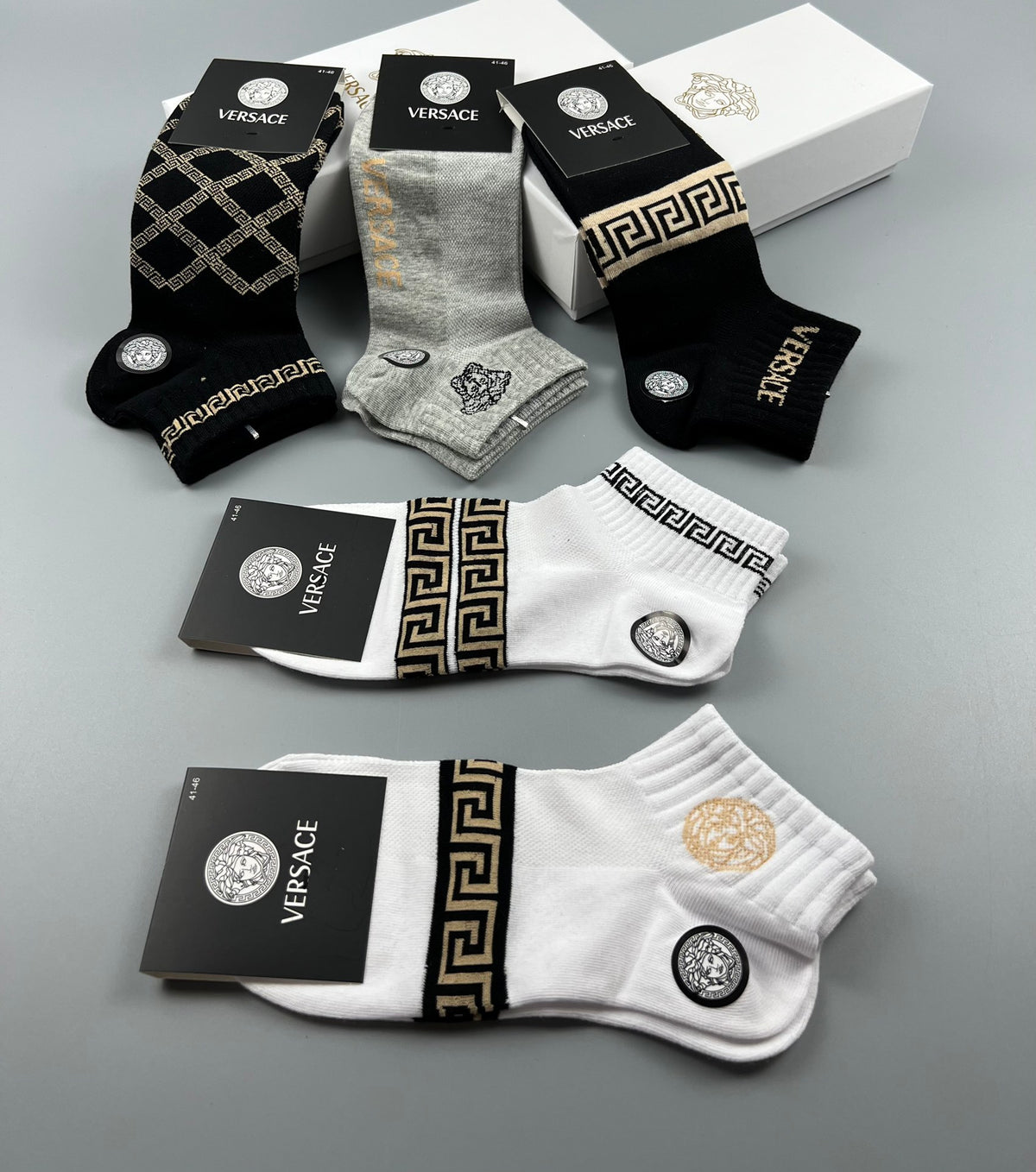Versace Greek-Key And Medallion Details Ankle Socks - 5-Pair Set