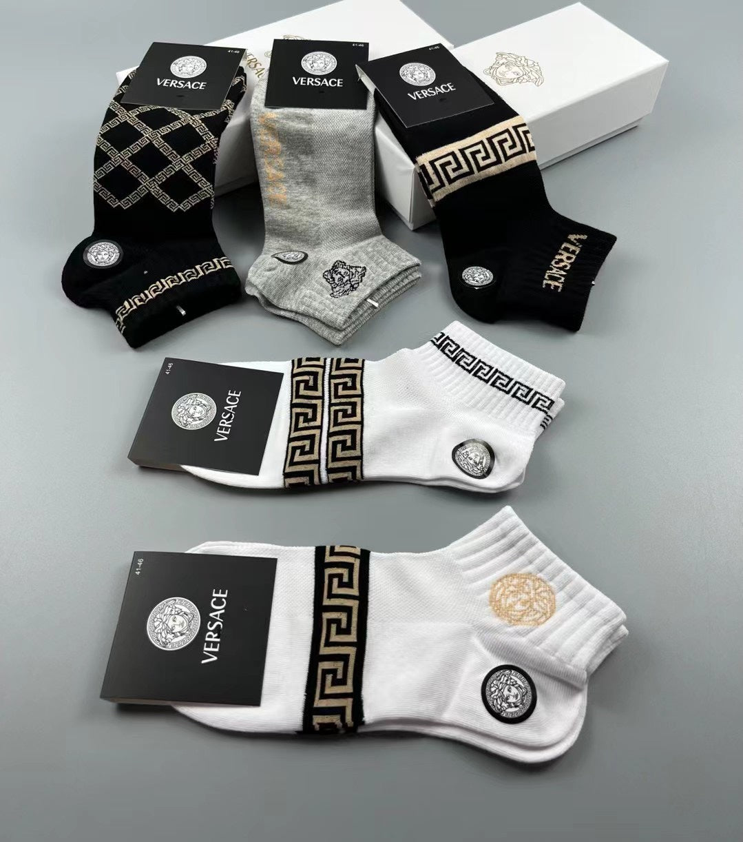 Versace Cotton blend Visible Colour, Cuff And Emblem Details No-Show Socks - 5-Pair Set