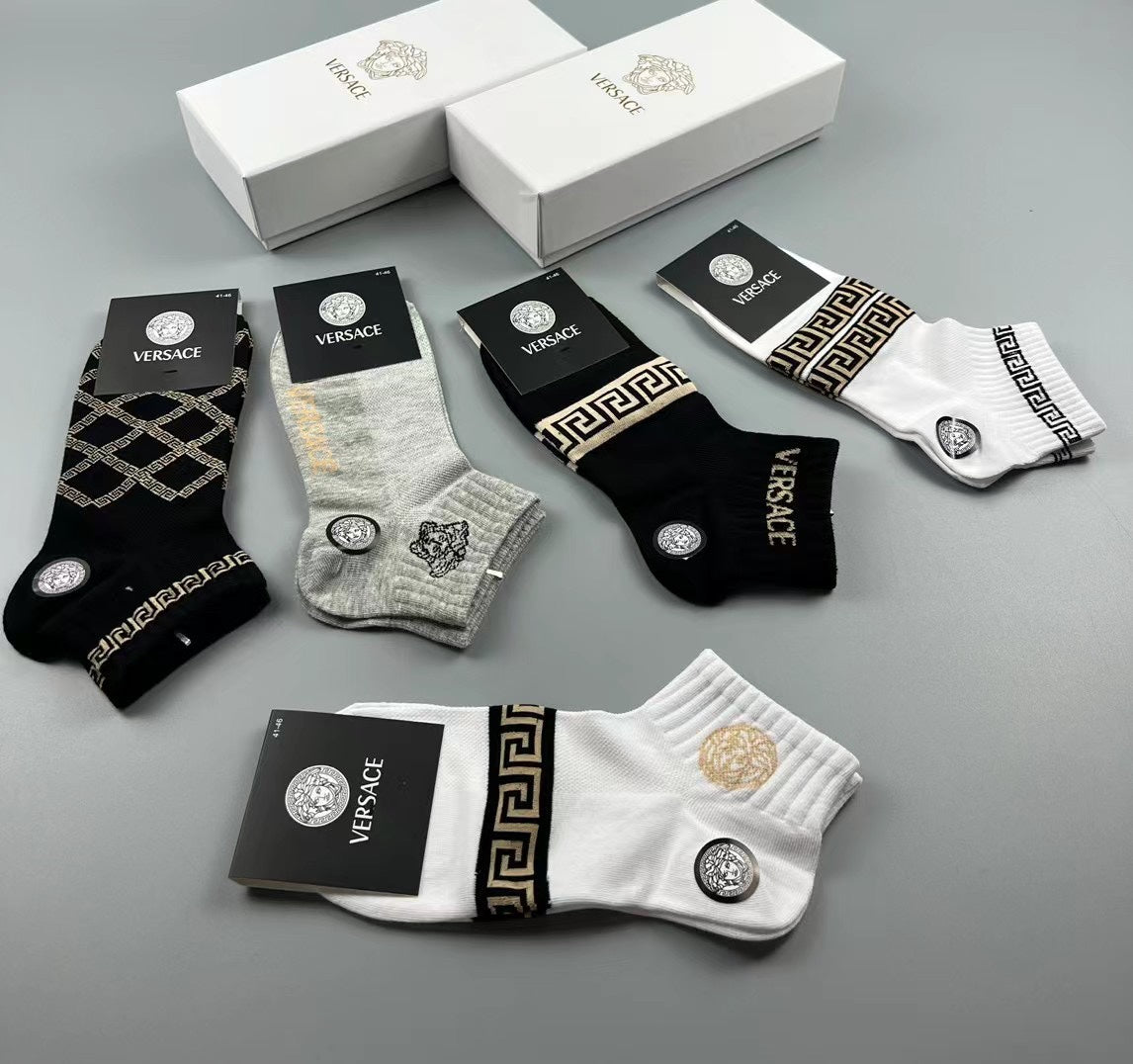 Versace Cotton blend Visible Colour, Cuff And Emblem Details No-Show Socks - 5-Pair Set