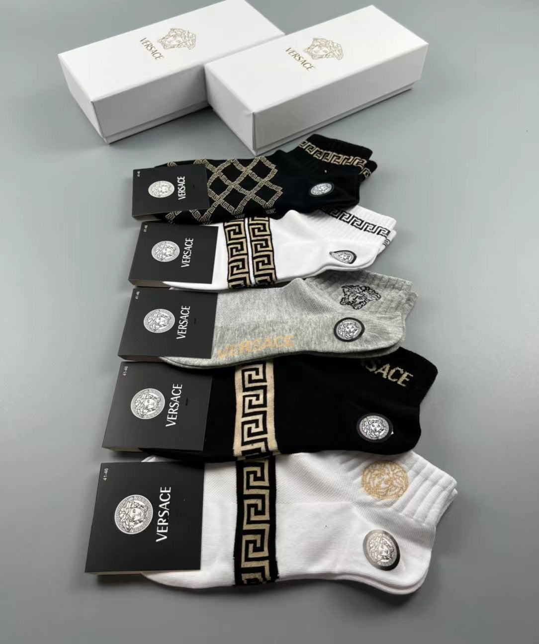 Versace Cotton blend Visible Colour, Cuff And Emblem Details No-Show Socks - 5-Pair Set
