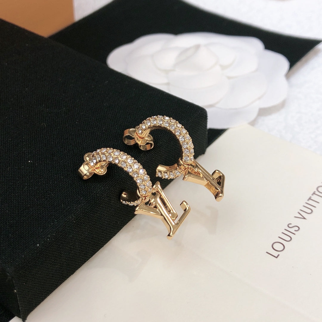 Letter Emblem Stud Earrings in Gold-Tone – Design 003 detail view
