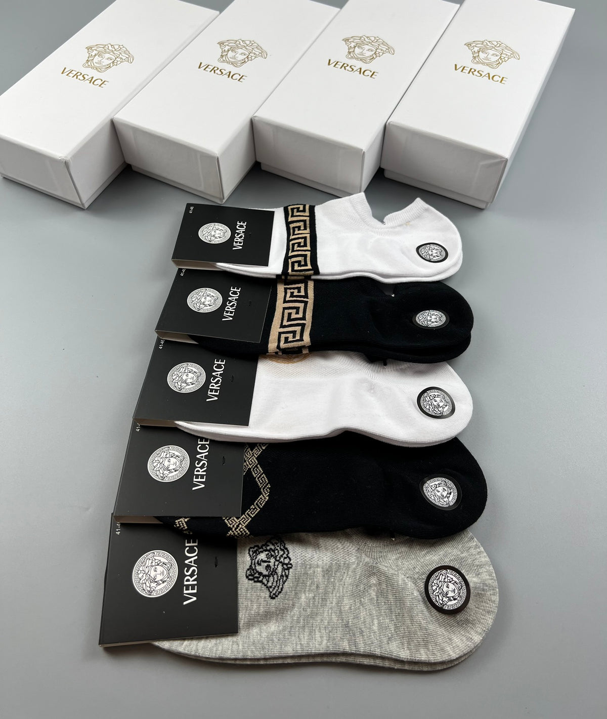 Versace Ankle Socks - Black, White and Grey 5-Pair Box
