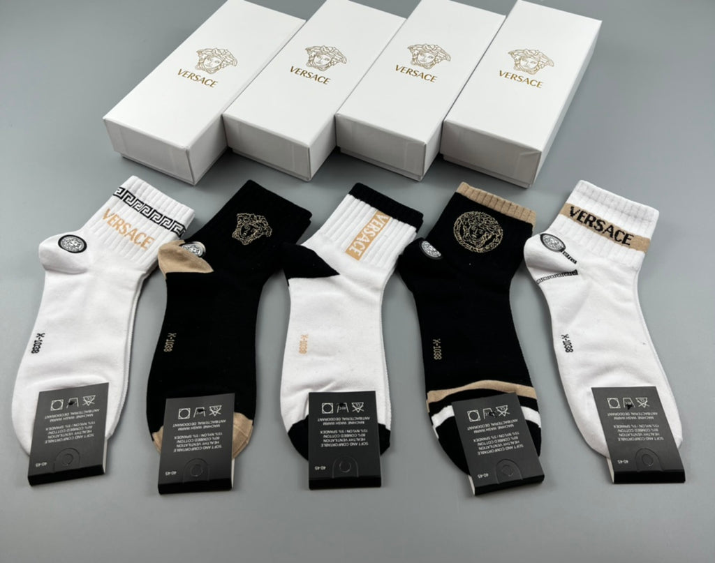 Versace Cotton blend Mixed Greek-Key And Medallion Details Ankle Socks - 5-Pair Set