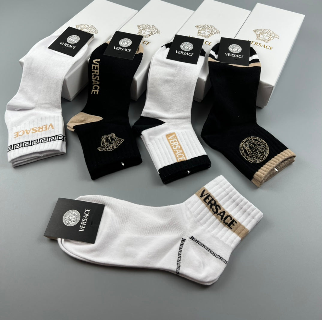 Versace Cotton Visible Branded Cuff Or Emblem Details Crew Socks - 5-Pair Set