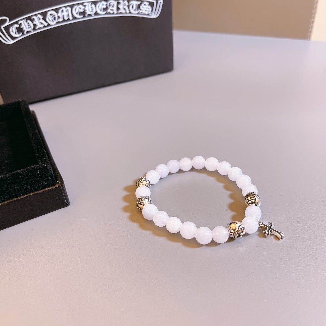 Gothic Emblem Beaded Bracelet in Antique Silver-Tone – Design 38 front product view