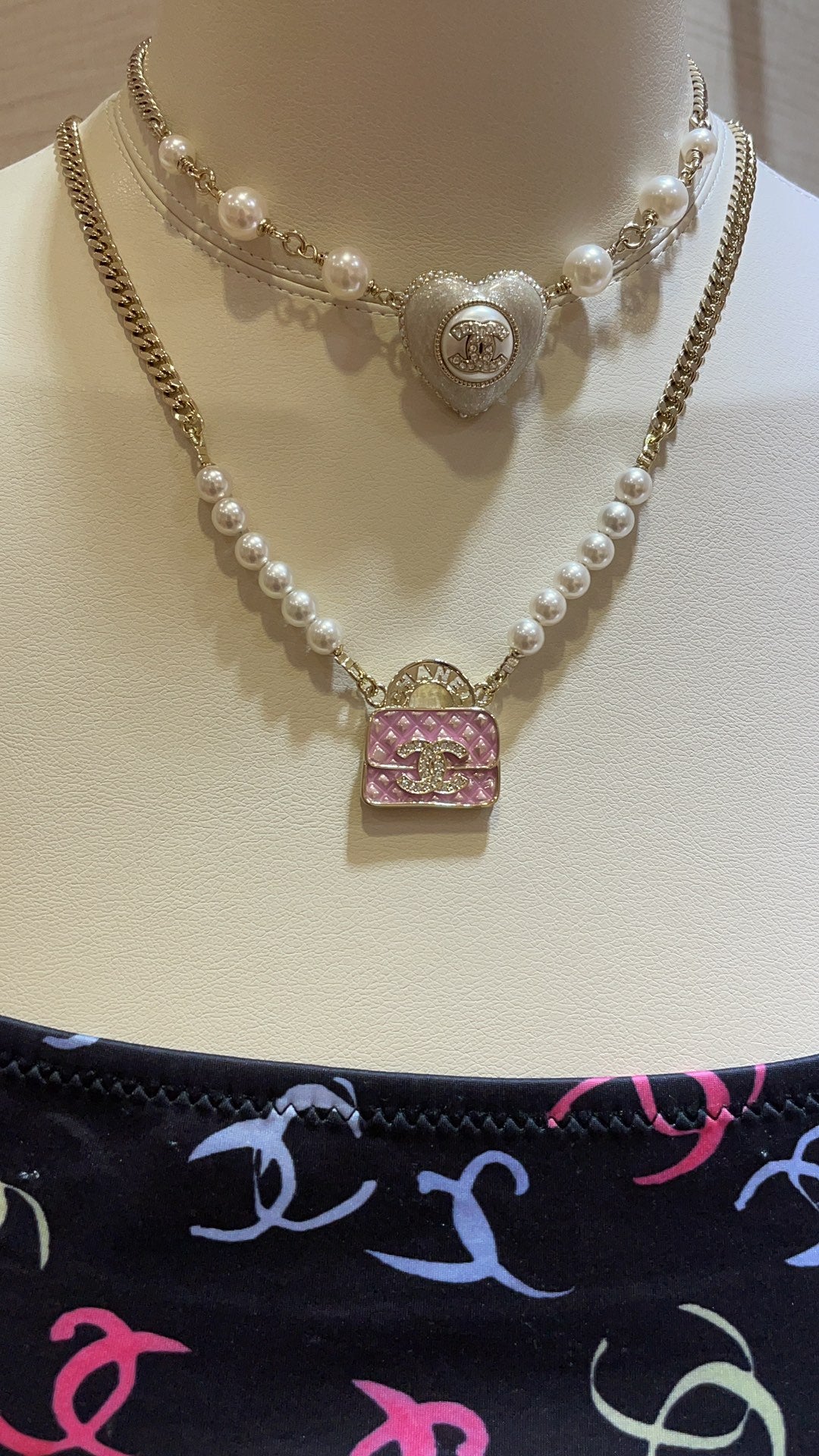 Double-C Emblem Pearl-Detail Pendant Necklace – Pearl Detail – Design 042 styled product view