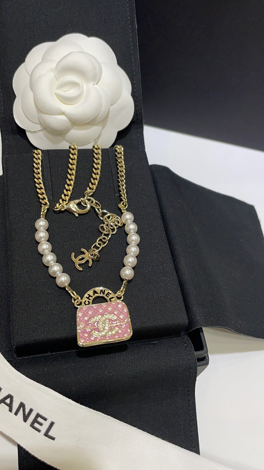 Double-C Emblem Pearl-Detail Pendant Necklace – Pearl Detail – Design 042 detail view