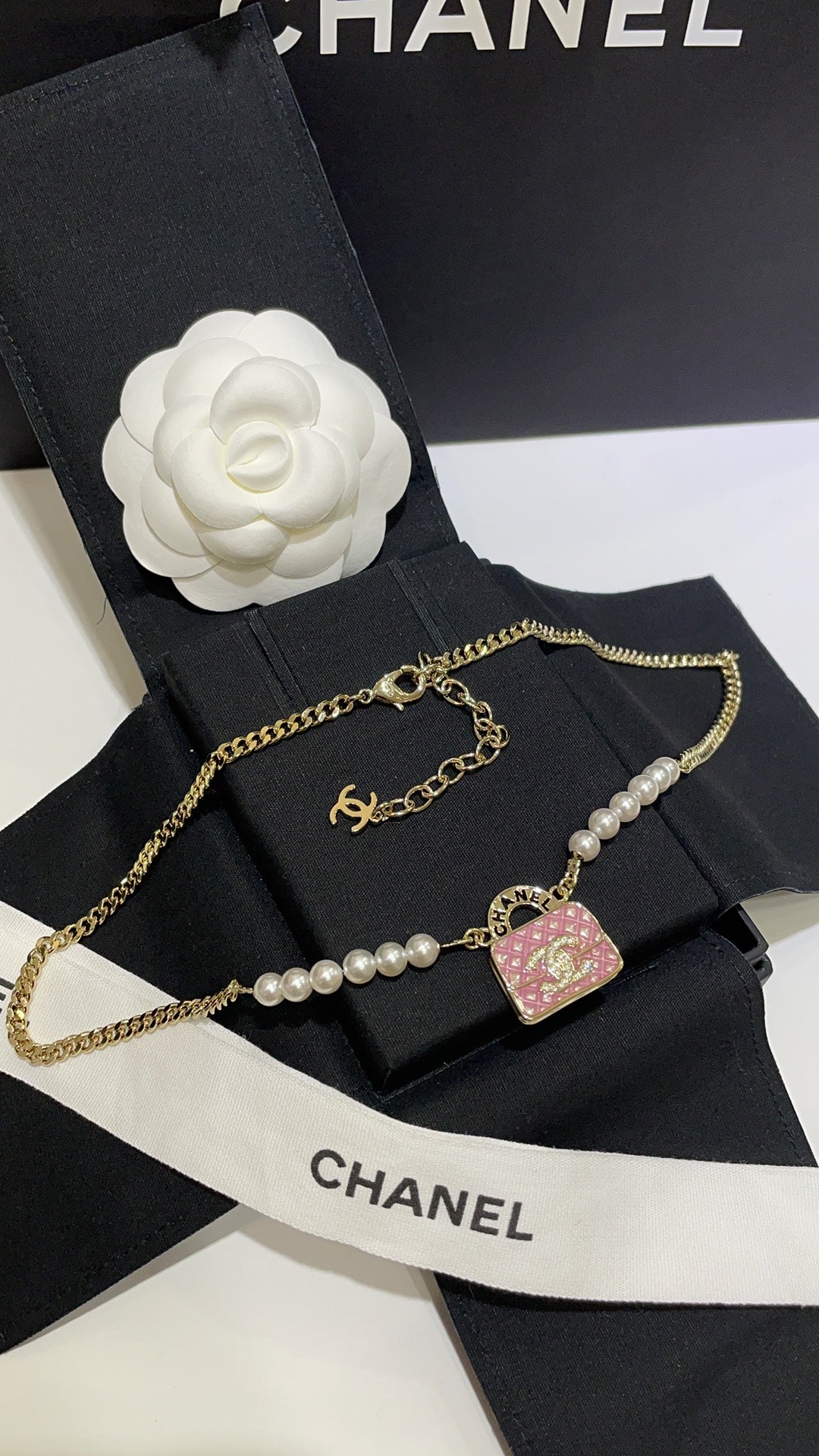 Double-C Emblem Pearl-Detail Pendant Necklace – Pearl Detail – Design 042 front product view