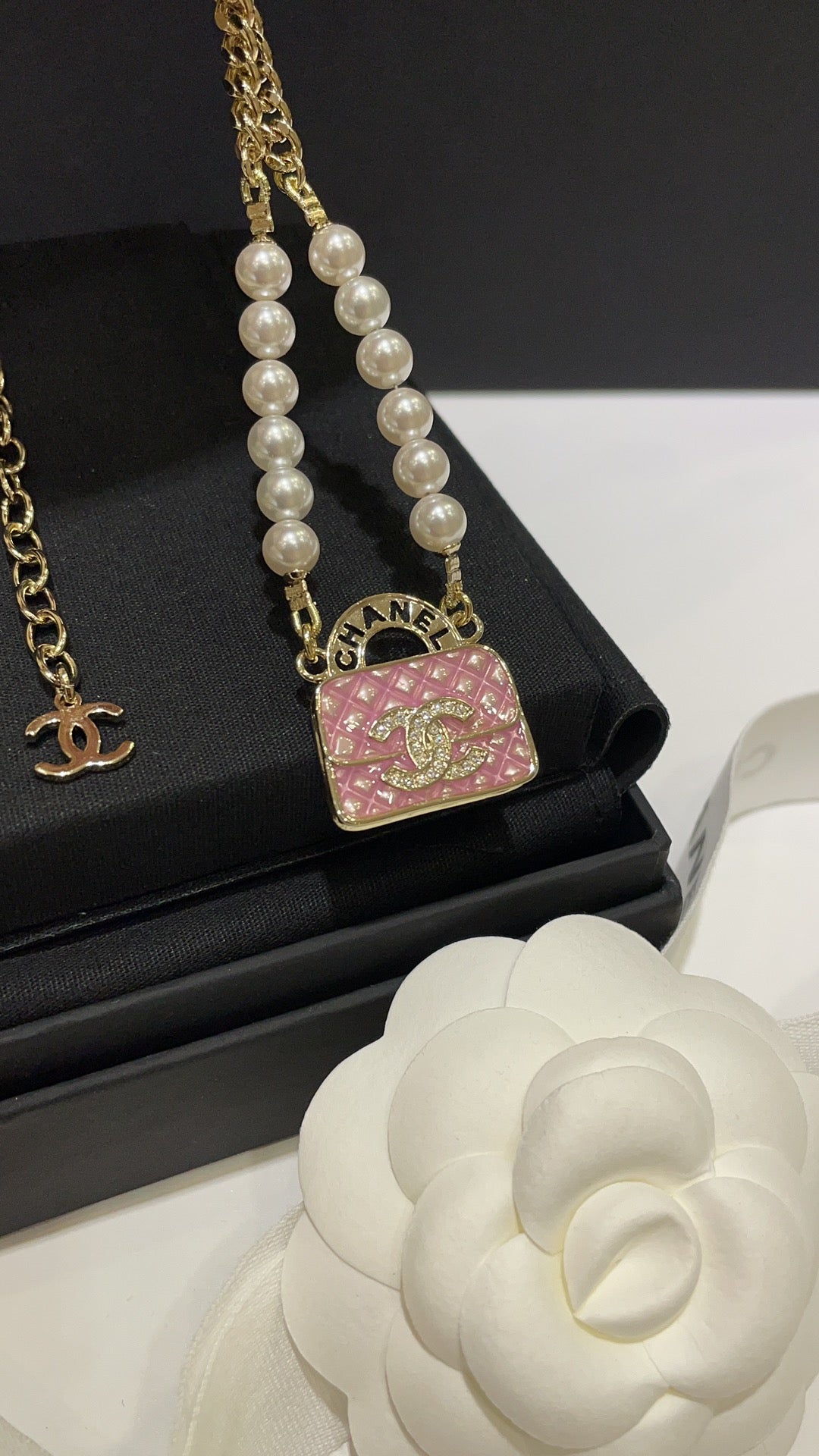 Double-C Emblem Pearl-Detail Pendant Necklace – Pearl Detail – Design 042 side detail