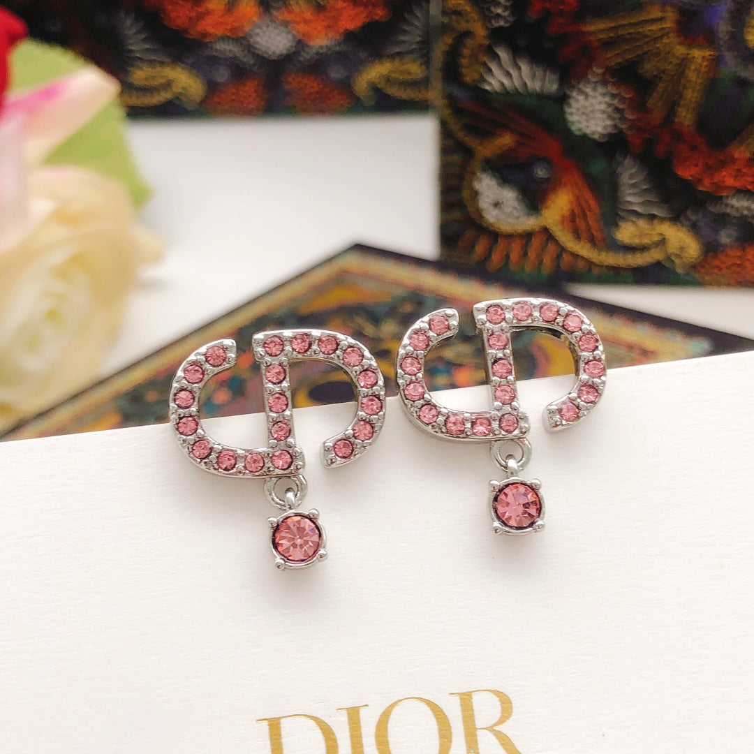 Graphic Letter Motif Stud Earrings in Polished Metal-Tone with Crystal-Style Accents – Design 003 main product view
