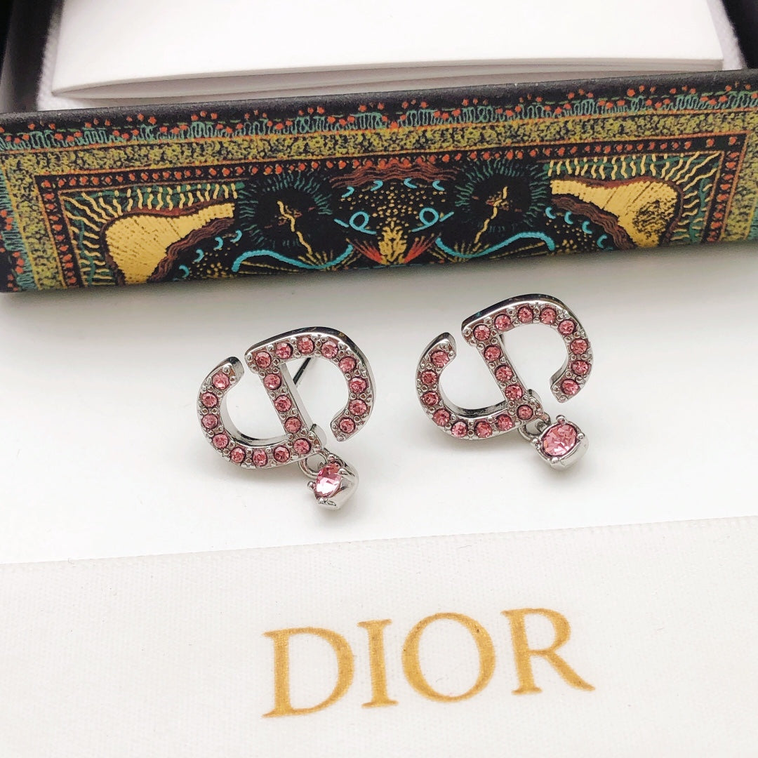 Graphic Letter Motif Stud Earrings in Polished Metal-Tone with Crystal-Style Accents – Design 003 detail view