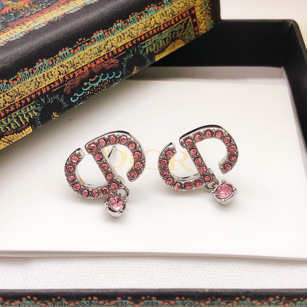 Graphic Letter Motif Stud Earrings in Polished Metal-Tone with Crystal-Style Accents – Design 003 styled view