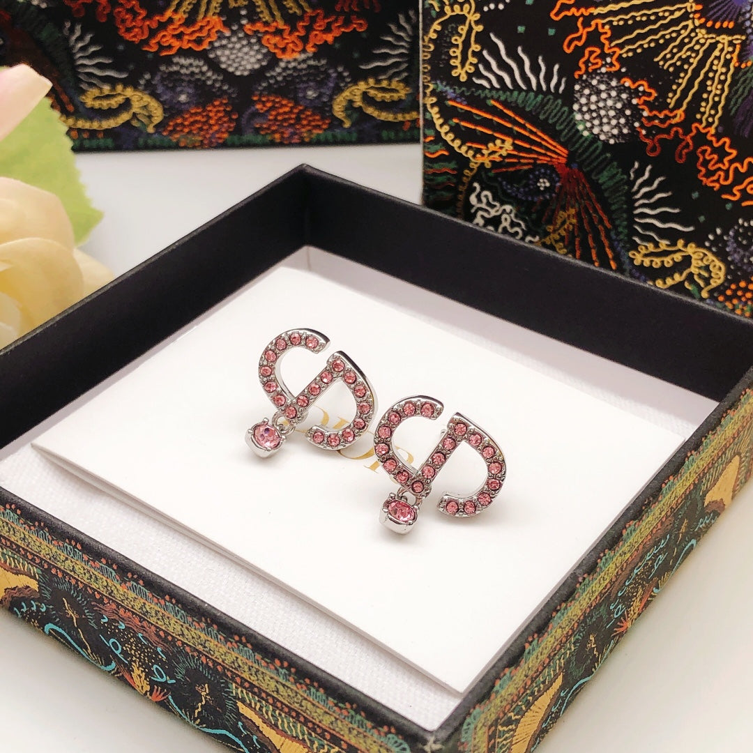 Graphic Letter Motif Stud Earrings in Polished Metal-Tone with Crystal-Style Accents – Design 003 front view