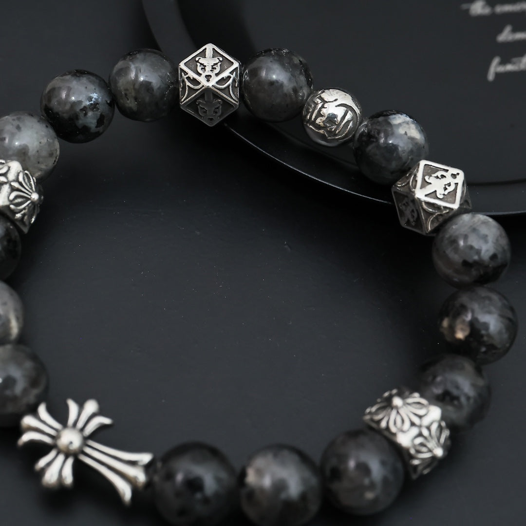 Gothic Emblem Beaded Bracelet in Antique Silver-Tone – Design 13 close-up detail