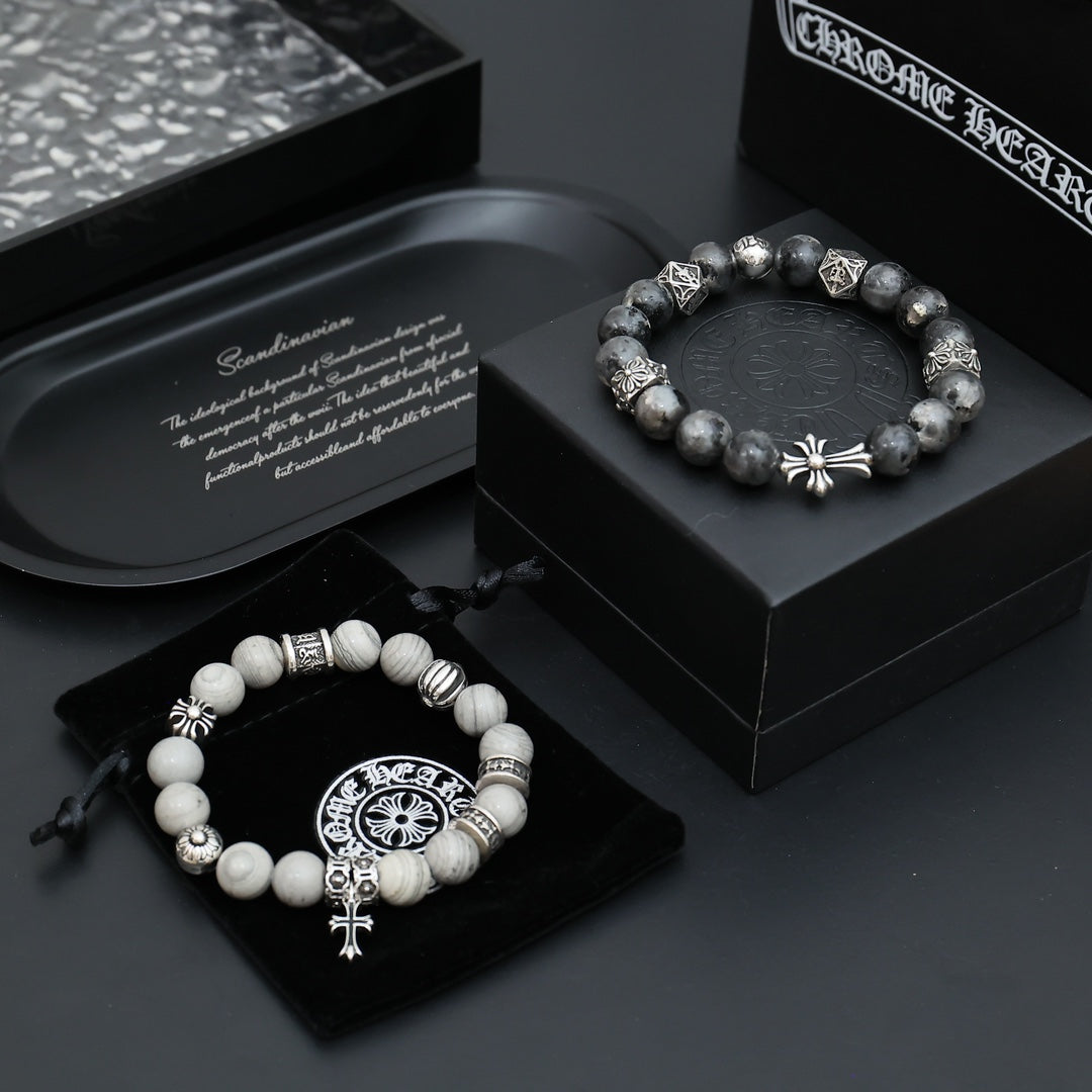 Gothic Emblem Beaded Bracelet in Antique Silver-Tone – Design 07 main product view
