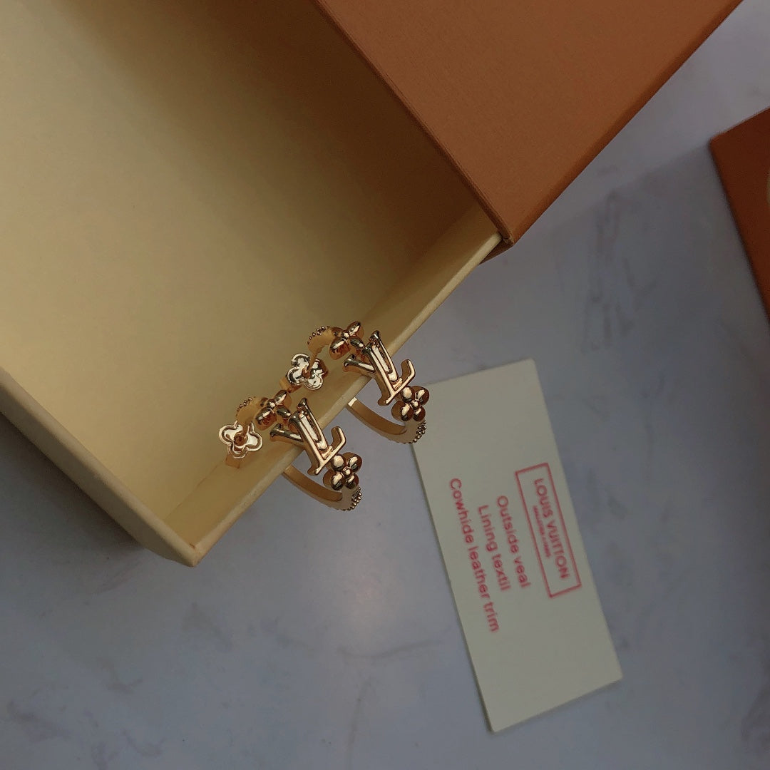 Letter Emblem Stud Earrings in Gold-Tone – Design 002 front product view