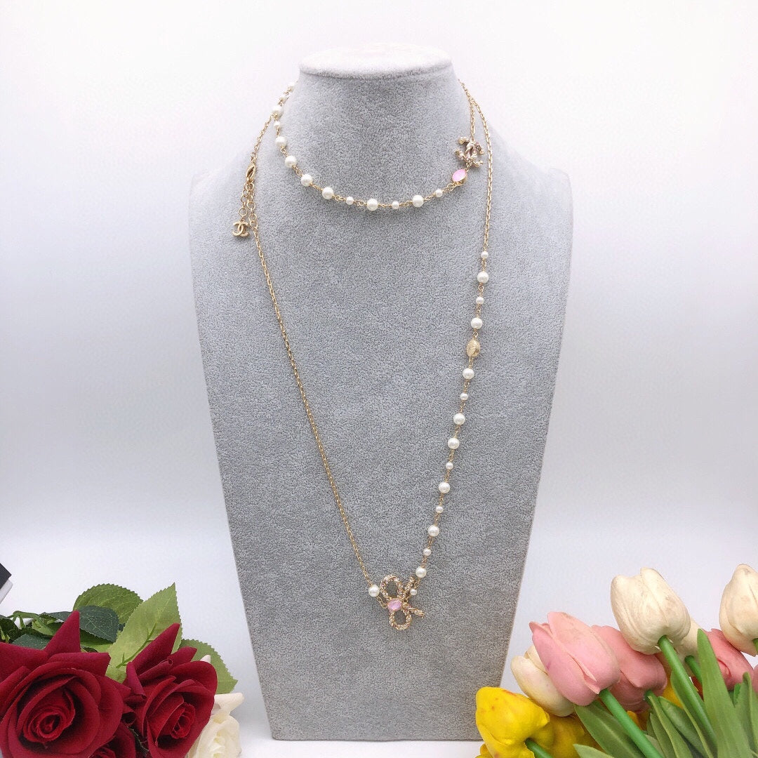 Bow Pearl-Detail Pendant Necklace – Pearl Detail – Design 009 main product view