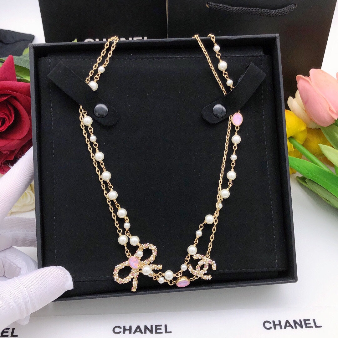Bow Pearl-Detail Pendant Necklace – Pearl Detail – Design 009 main product view