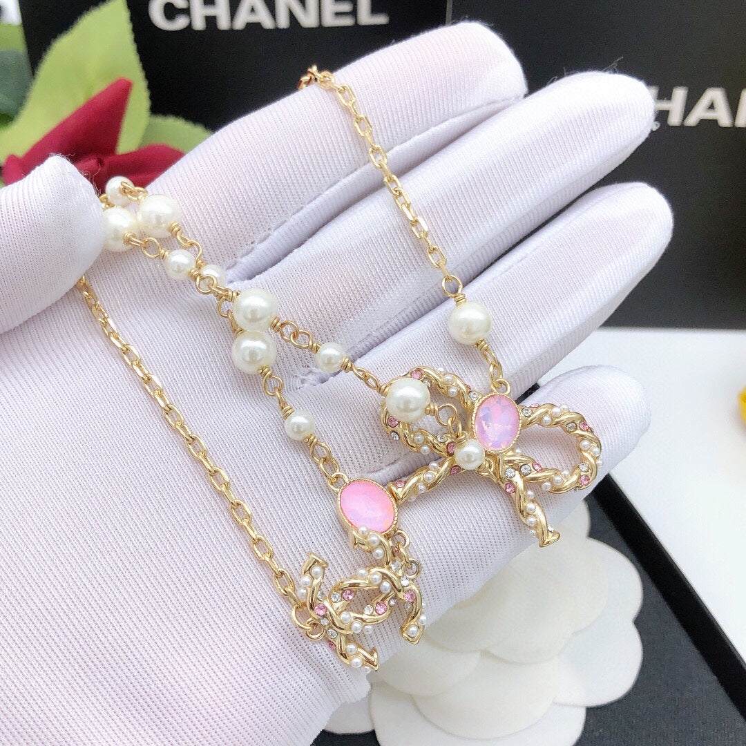 Bow Pearl-Detail Pendant Necklace – Pearl Detail – Design 009 front product view