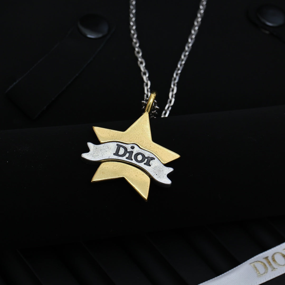 Star Motif Pendant Necklace in Polished Metal-Tone with Vintage-Style Finish close-up detail