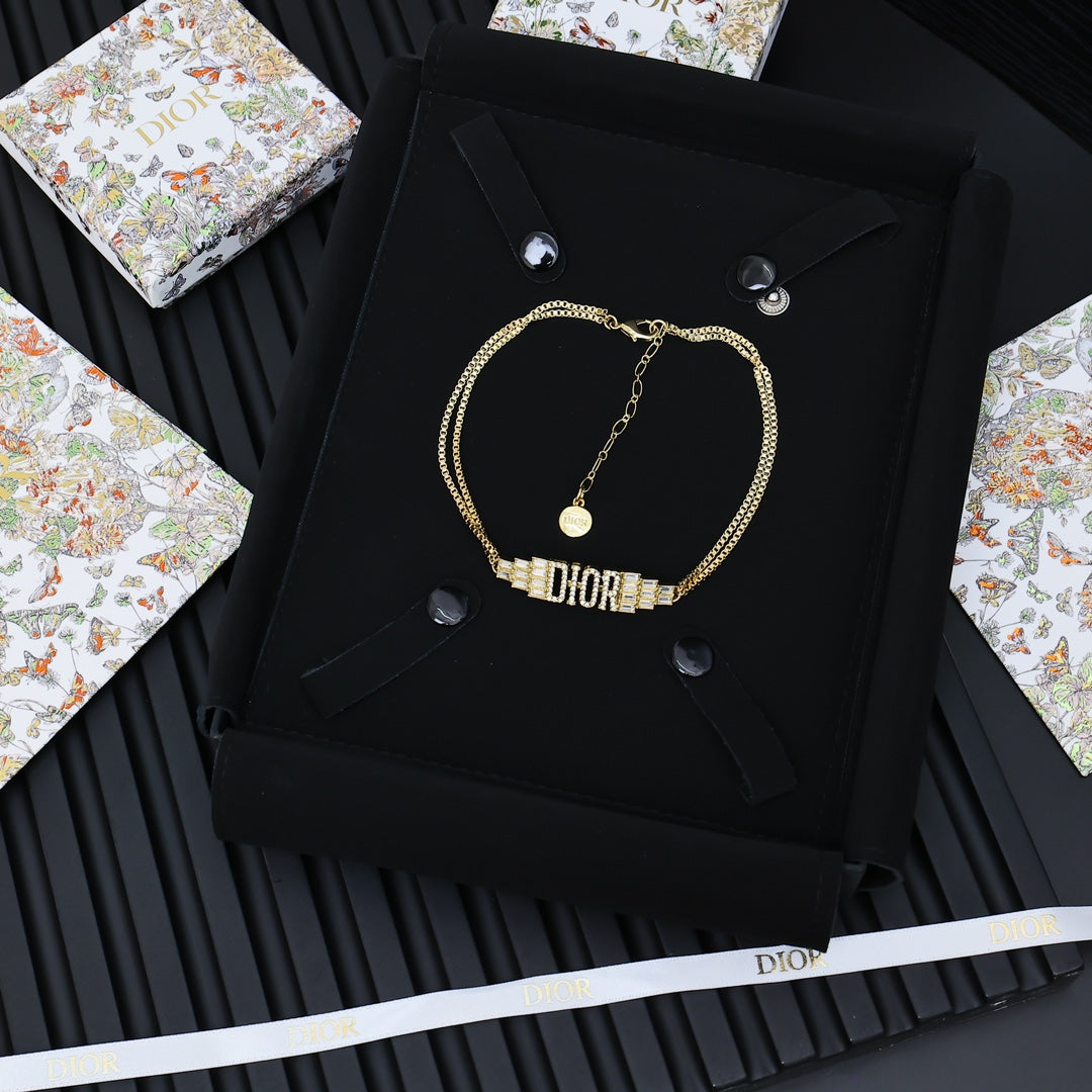 Graphic Letter Motif Pendant Necklace in Polished Metal-Tone with Crystal-Style Accents – Design 004 styled view