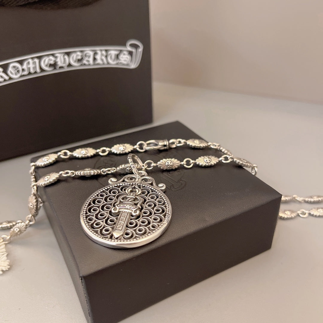 Gothic Emblem Pendant Necklace in Metal-Tone – Design 41 front product view