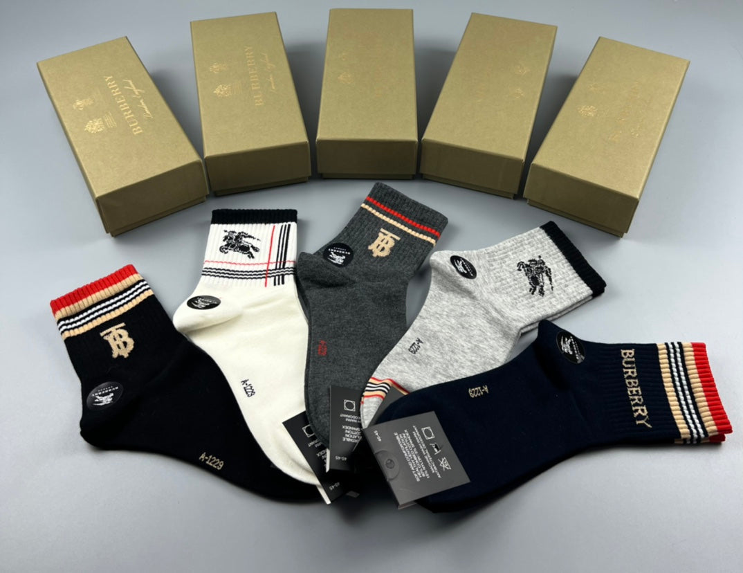 Burberry Cotton Simple Contrast Details Mid-Calf Socks - 5-Pair Set