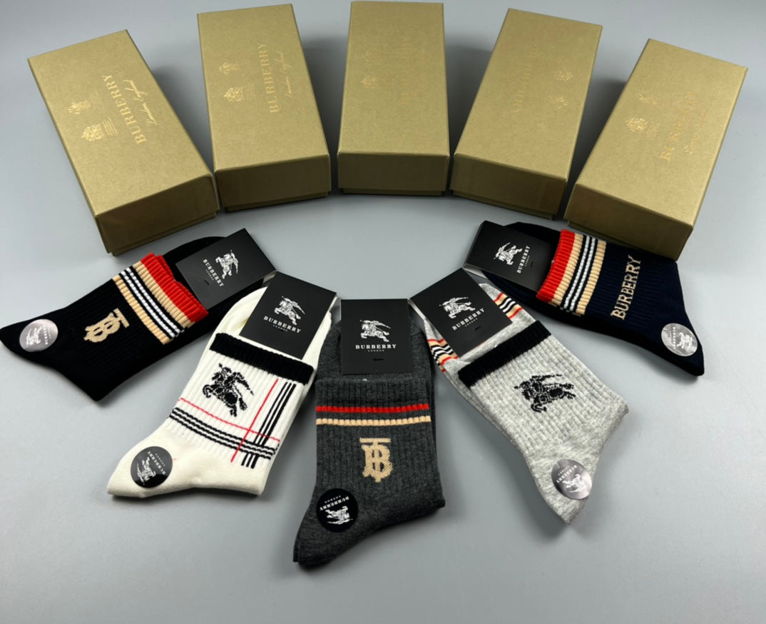 Burberry Cotton Simple Contrast Details Mid-Calf Socks - 5-Pair Set