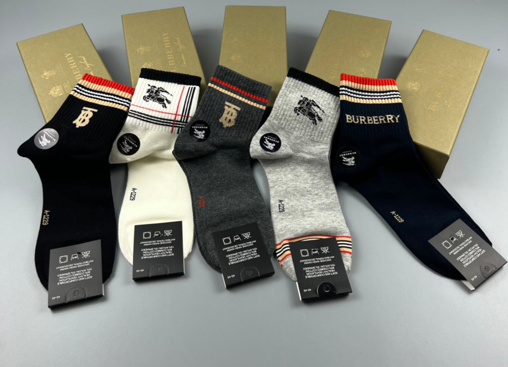 Burberry Cotton Simple Contrast Details Mid-Calf Socks - 5-Pair Set