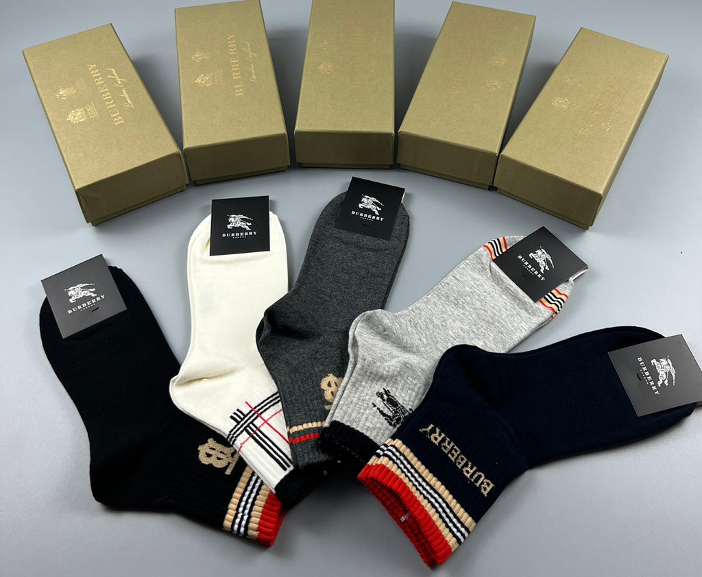 Burberry Cotton Simple Contrast Details Mid-Calf Socks - 5-Pair Set