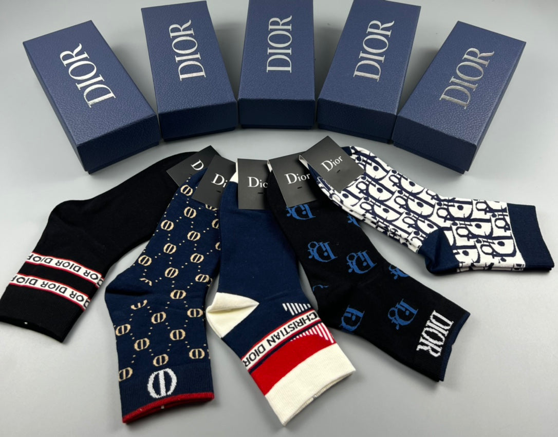 Dior Cotton Visible Cuff, Colour And Emblem Details Crew Socks - 5-Pair Set