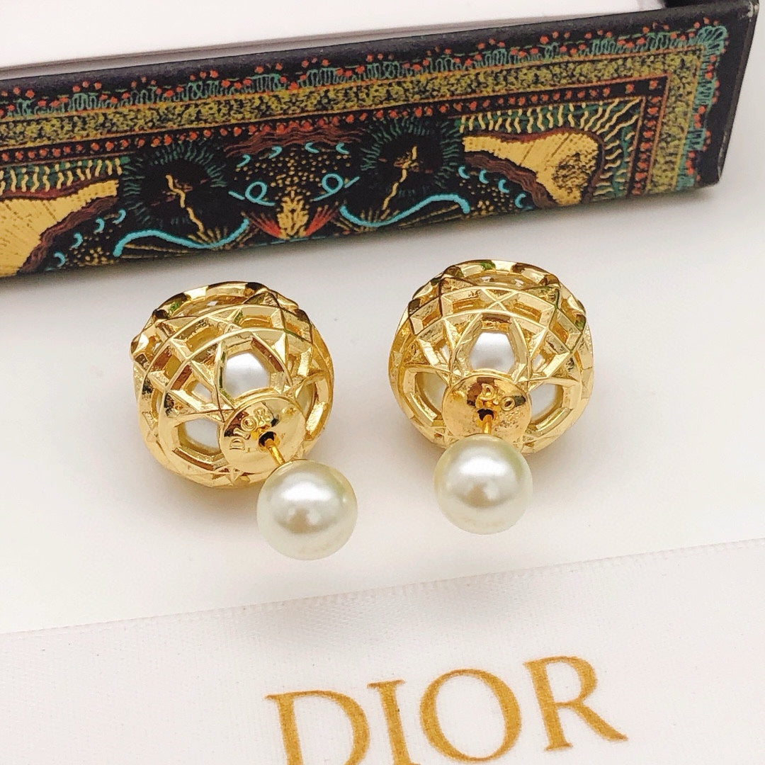 Sculptural Stud Earrings in Polished Metal-Tone with Openwork Detail front view