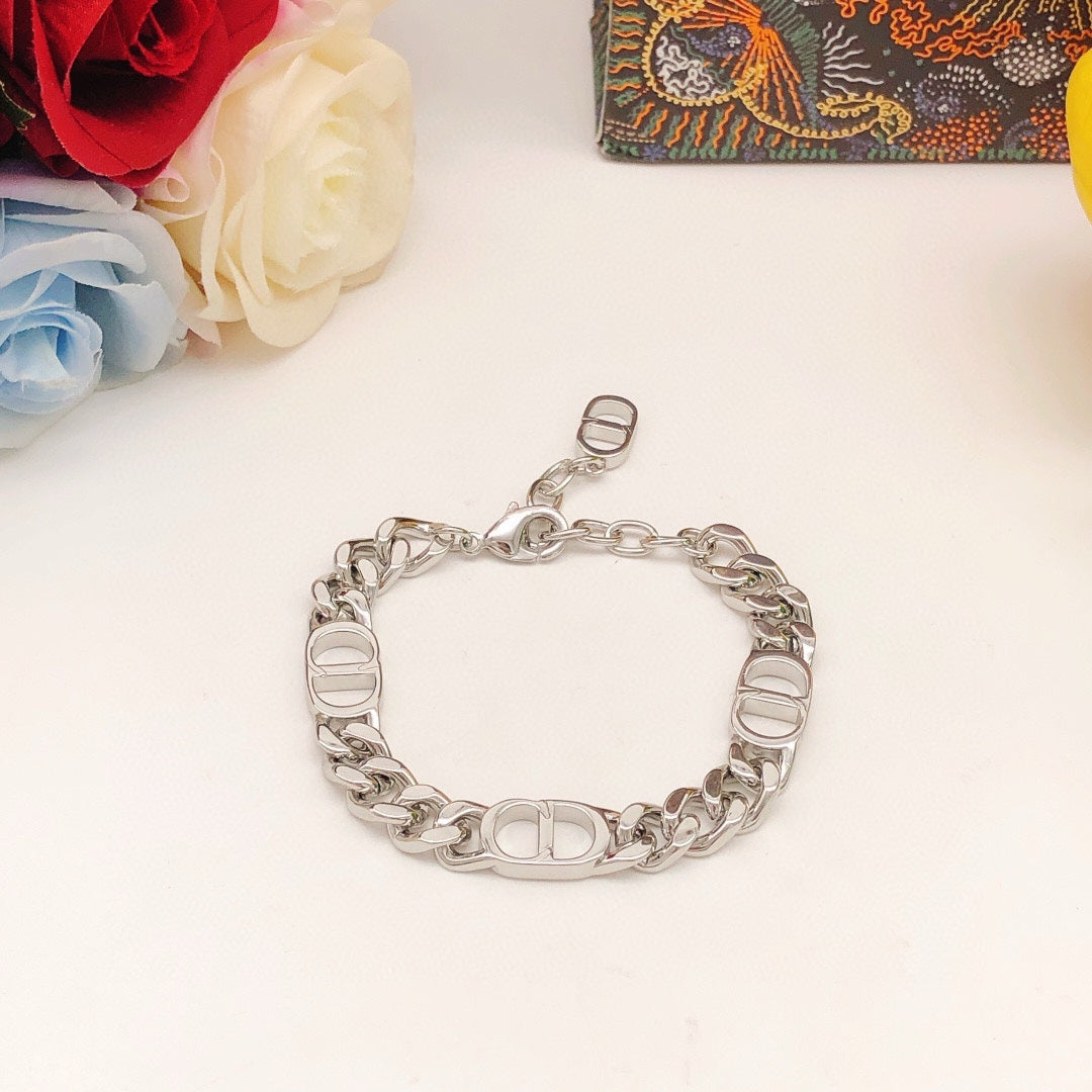 Graphic Letter Motif Statement Bracelet in Silver-Tone with Chain Detail close-up detail
