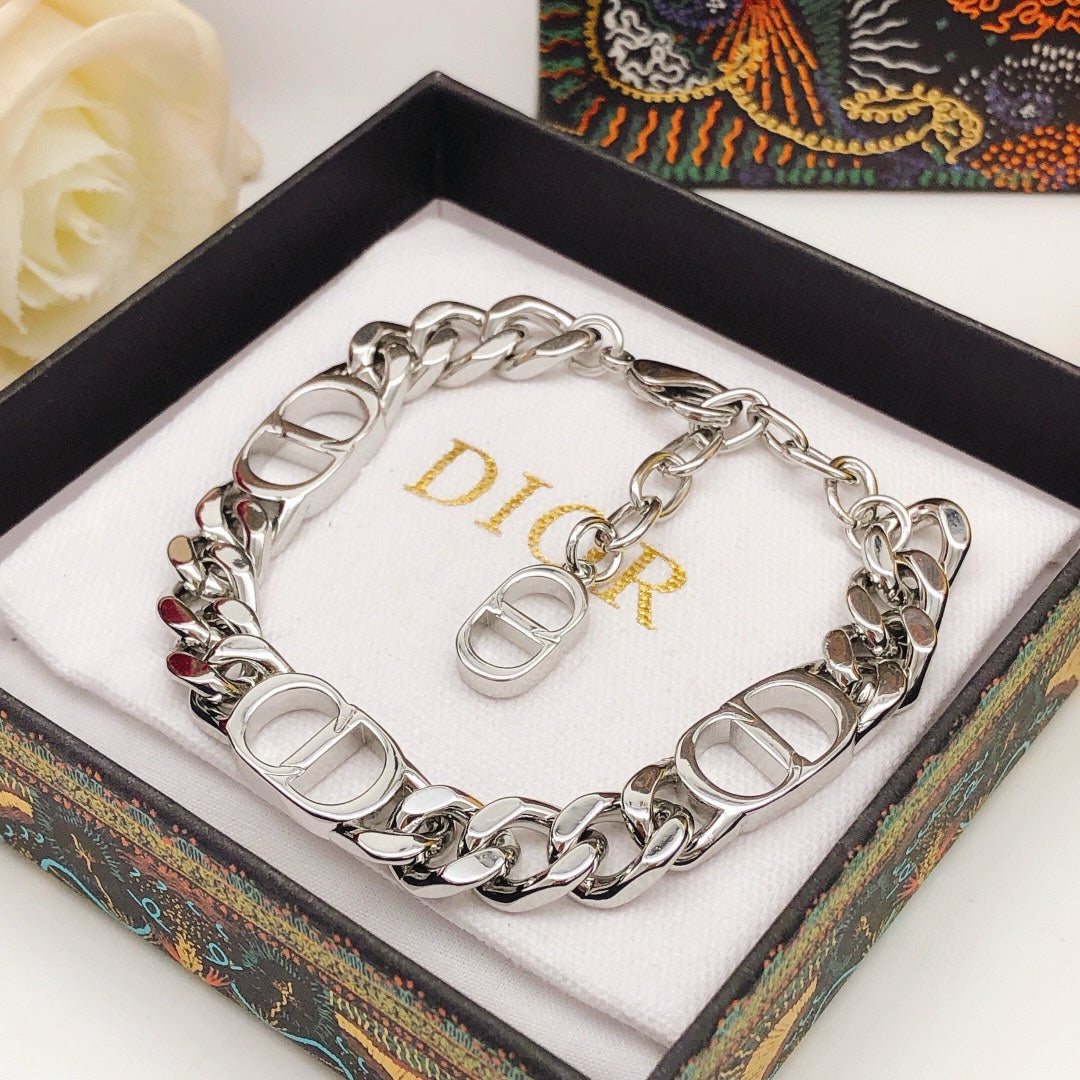 Graphic Letter Motif Statement Bracelet in Silver-Tone with Chain Detail main product view