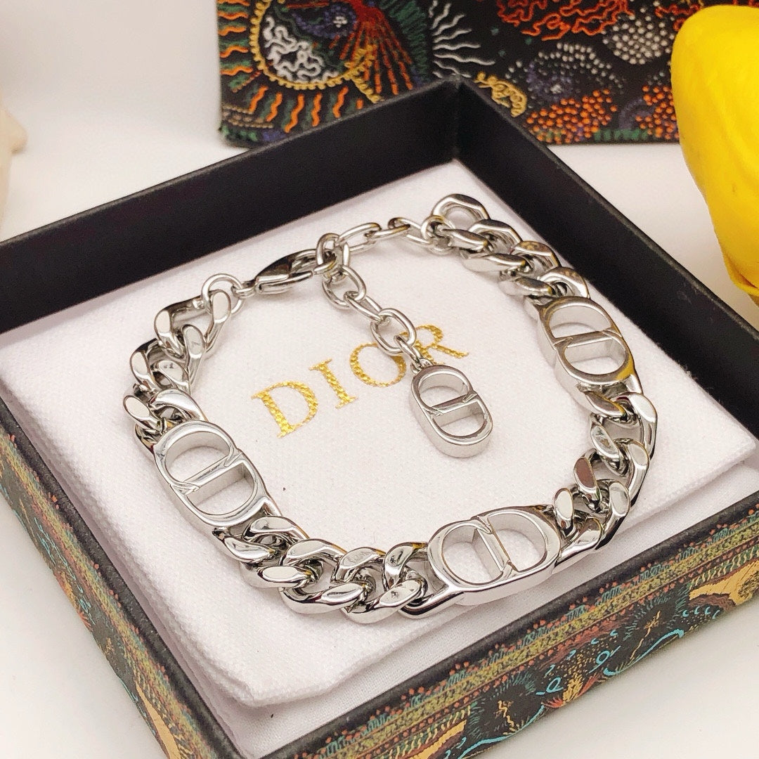Graphic Letter Motif Statement Bracelet in Silver-Tone with Chain Detail front view
