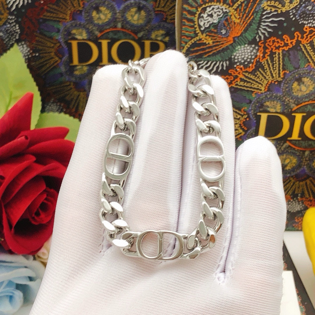 Graphic Letter Motif Statement Bracelet in Silver-Tone with Chain Detail front view