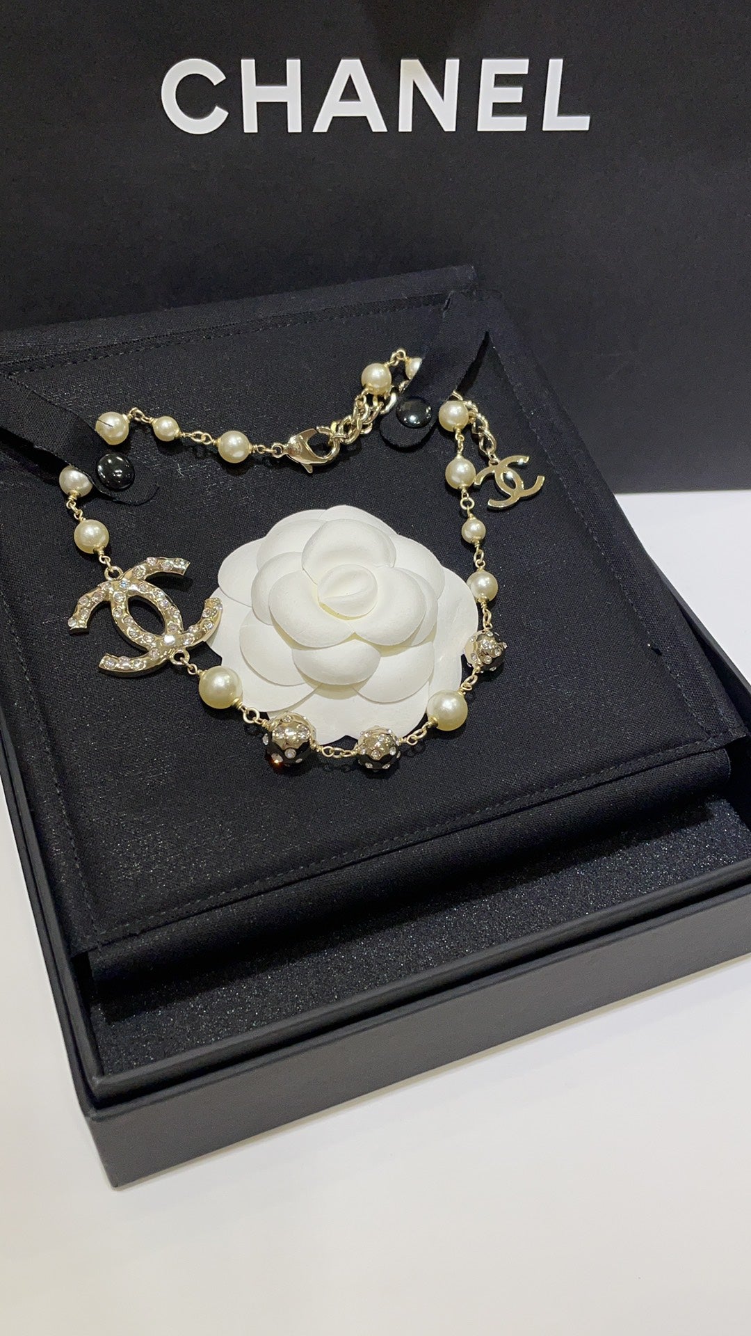 Double-C Emblem Pearl-Detail Pendant Necklace – Pearl Detail – Design 070 main product view