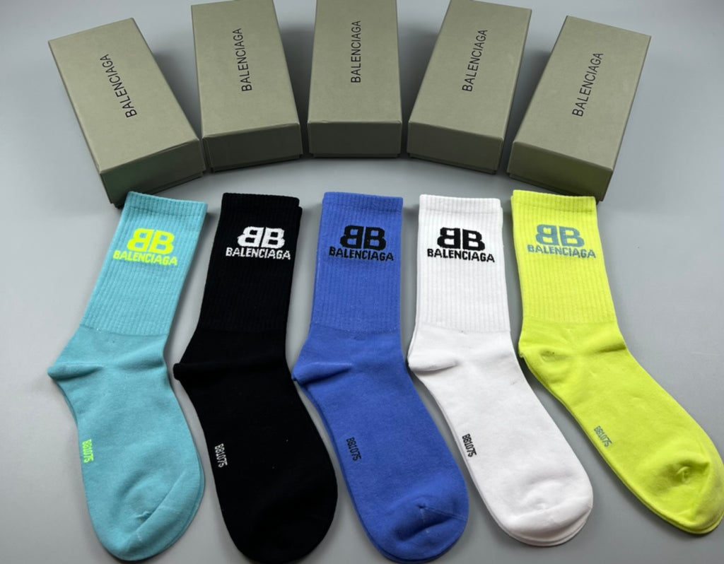 Balenciaga Crew Socks - Black, White, Blue and Green 5-Pair Box
