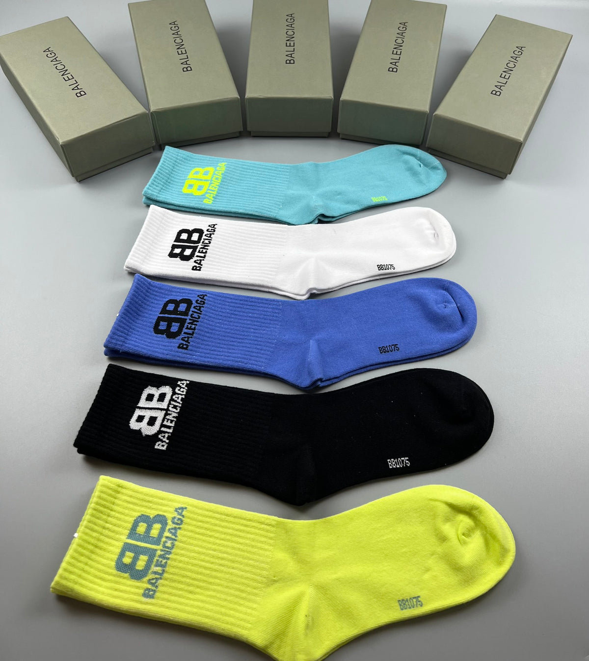 Balenciaga Crew Socks - Black, White, Blue and Green 5-Pair Box