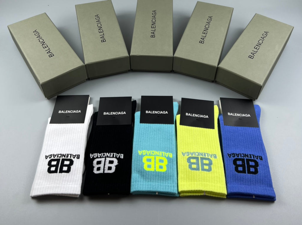 Balenciaga Crew Socks - Black, White, Blue and Green 5-Pair Box