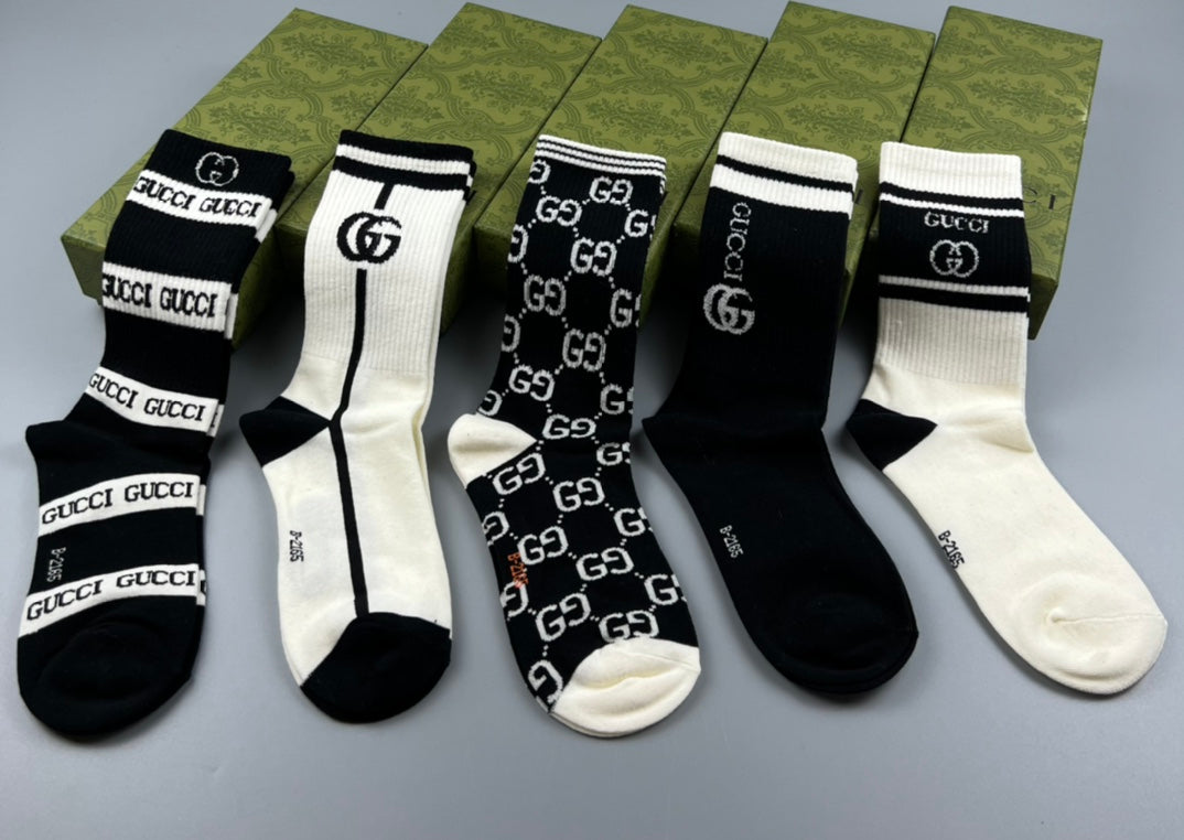 Gucci Cotton Visible Cuff, Colour And Emblem Details Crew Socks - 5-Pair Set