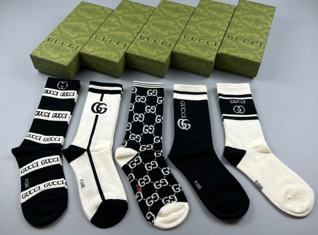 Gucci Cotton Visible Cuff, Colour And Emblem Details Crew Socks - 5-Pair Set