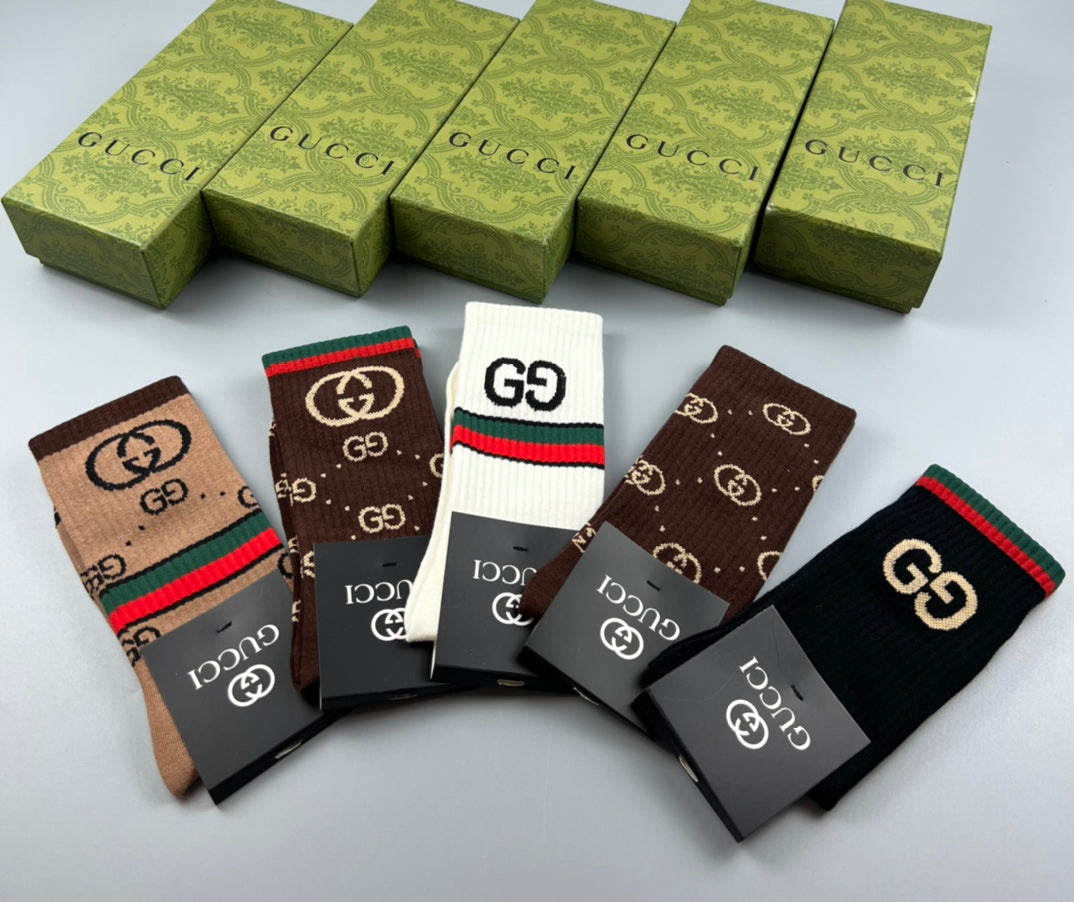 Gucci Cotton Linked Motifs And Stripe Details Crew Socks - 5-Pair Set