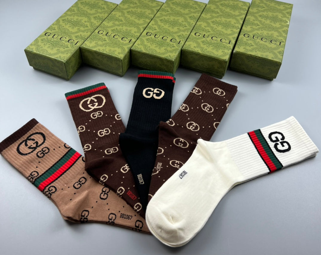 Gucci Cotton Monogram-Style And Stripe Details Crew Socks - 5-Pair Set