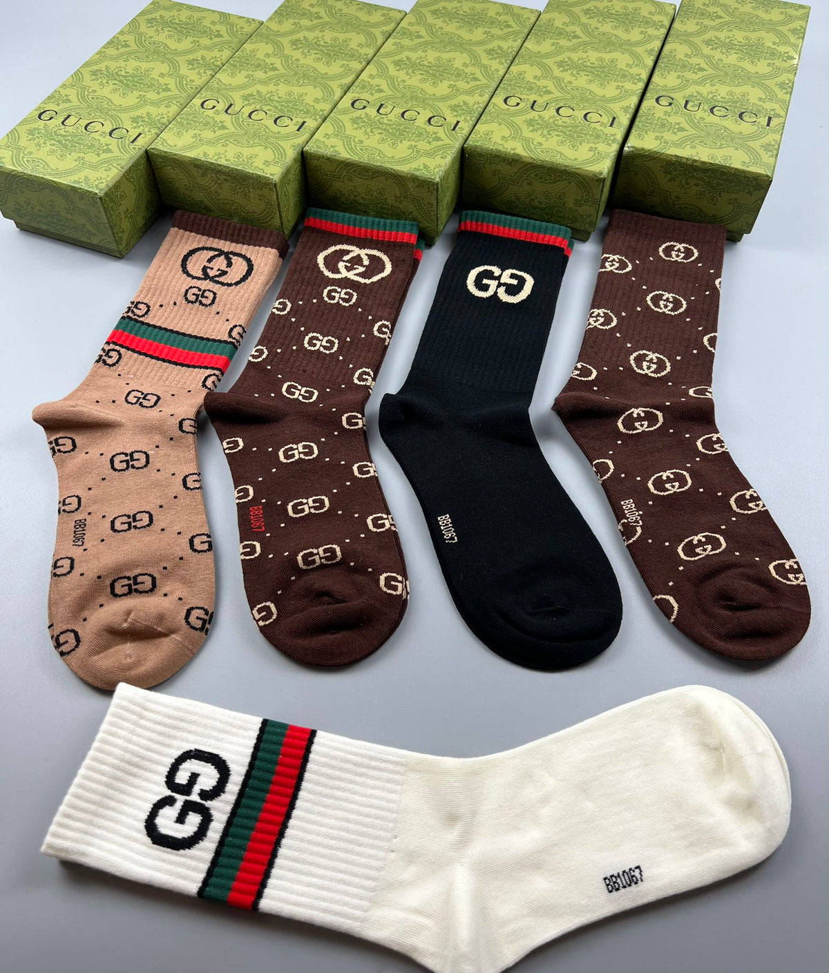 Gucci Cotton Linked Motifs And Stripe Details Crew Socks - 5-Pair Set