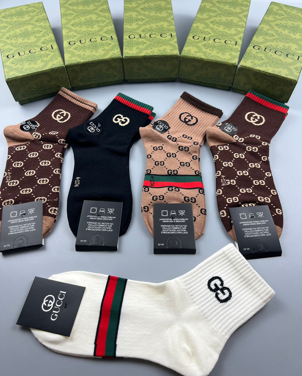 Gucci Cotton Visible Cuff, Colour And Emblem Details Crew Socks - 5-Pair Set